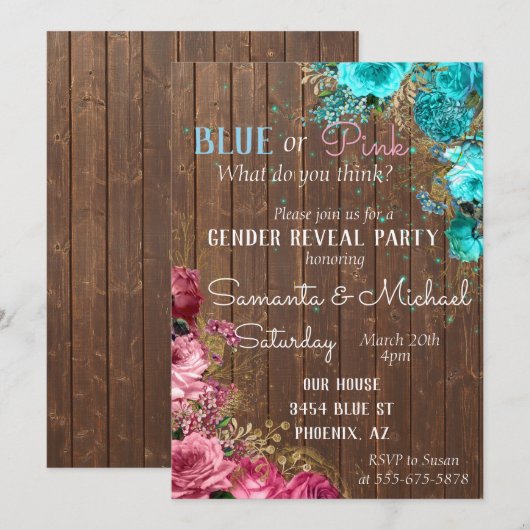 Roze Blauw hout Hout Shabby Chic Gender onthulling Kaart (Voorkant / Achterkant)