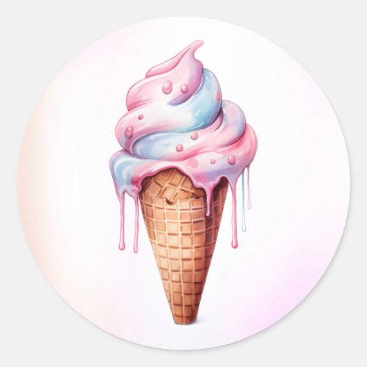 Roze Blauw Ice Cream Cone Verjaardagsfeest Ronde Sticker (Voorkant)