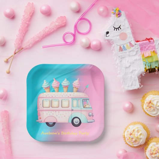 Roze Blauw Ice Cream Truck Verjaardagsfeest Papieren Bordje (Feest)