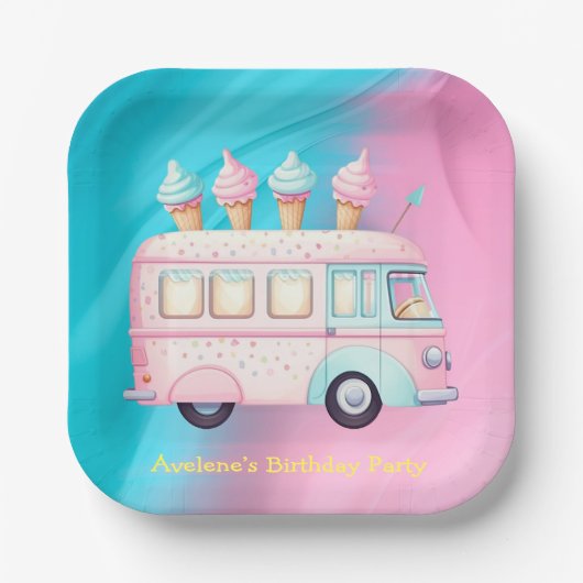 Roze Blauw Ice Cream Truck Verjaardagsfeest Papieren Bordje (Voorkant)