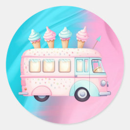 Roze Blauw Ice Cream Truck Verjaardagsfeest Ronde Sticker