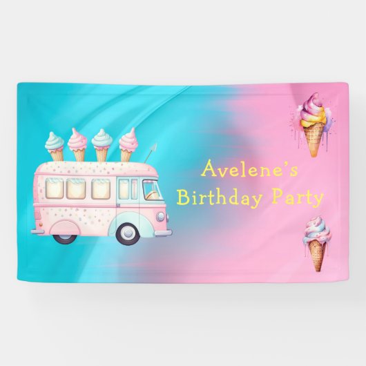 Roze Blauw Ice Cream Truck Verjaardagsfeest Spandoek (Horizontaal)