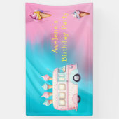 Roze Blauw Ice Cream Truck Verjaardagsfeest Spandoek (Verticaal)
