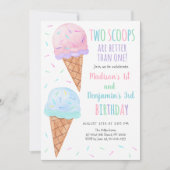Roze blauw ijs twee schepjes gezamenlijke verjaard kaart (Voorkant)