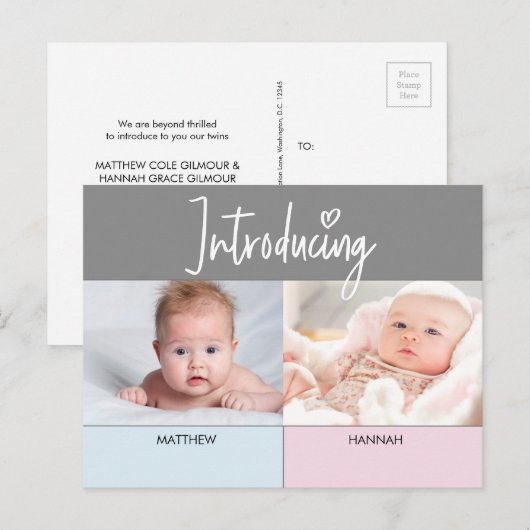 Roze Blauw Introductie van de jongen van de Twijnd Aankondigingskaart (Voorkant / Achterkant)