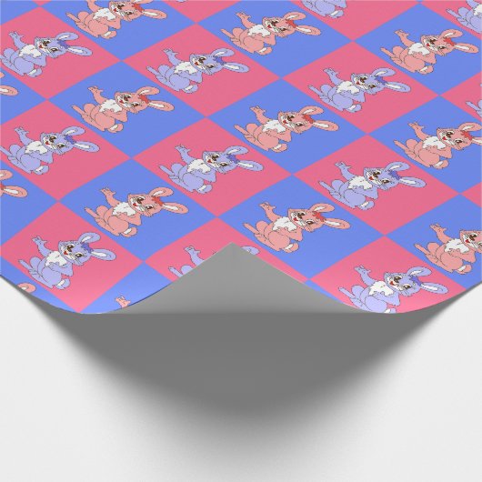 Roze Blauw Kawaii Schattige Geruite Konijnenkonijn Cadeaupapier (Hoek)