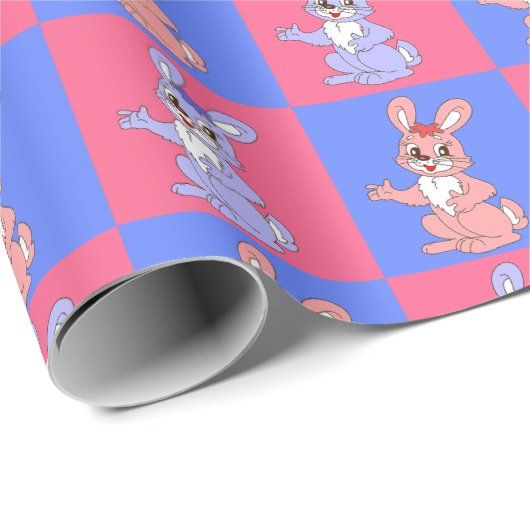 Roze Blauw Kawaii Schattige Geruite Konijnenkonijn Cadeaupapier (Rol Hoek)