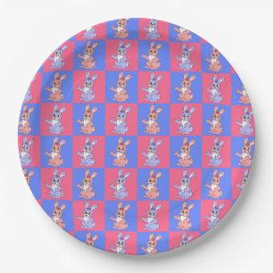 Roze Blauw Kawaii Schattige Geruite Konijnenkonijn Papieren Bordje