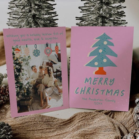  Roze Blauw Kleurrijke Funky Tree Christmas Feestdagenkaart