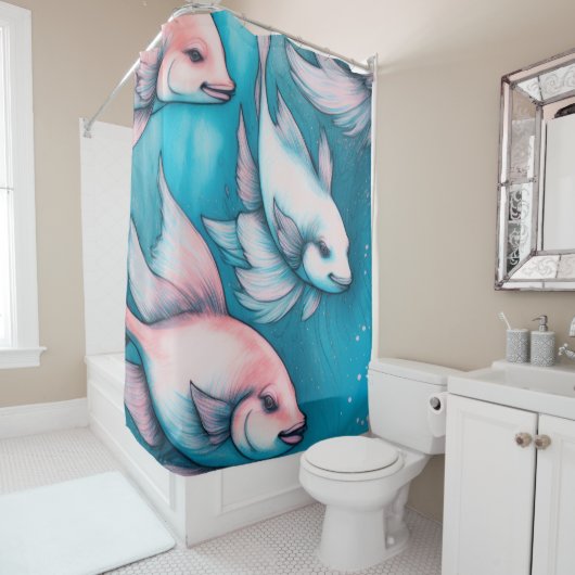 Roze Blauw Krijt Tekening Vis Douchegordijn (In situ)