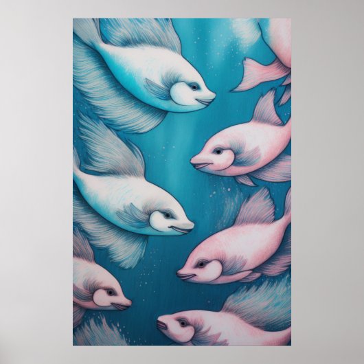 Roze Blauw Krijt Tekening Vis Poster (Voorkant)