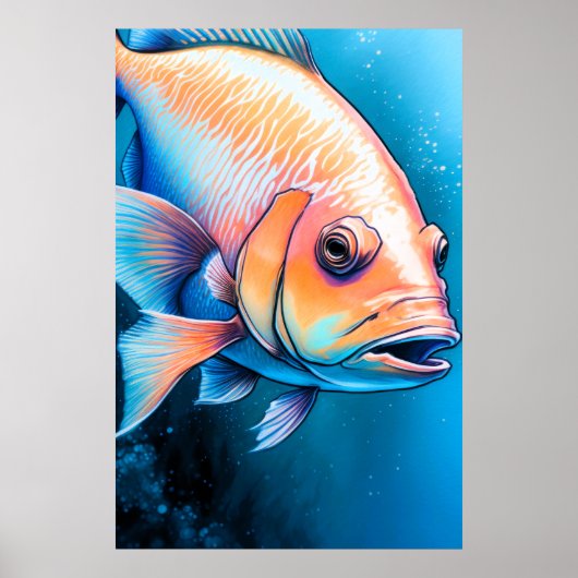 Roze Blauw Krijt Tekening Vis Poster (Voorkant)