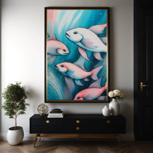Roze Blauw Krijt Tekening Vis Poster