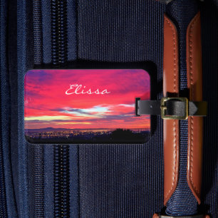 Roze blauw kust zonsondergang fotoscript aangepast bagagelabel