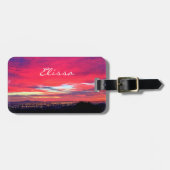 Roze blauw kust zonsondergang fotoscript aangepast bagagelabel (Voorkant horizontaal)