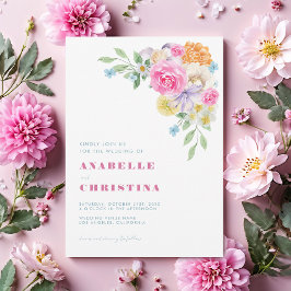 Roze Blauw Lila Waterverf Bloemen Levendige Bruilo Kaart