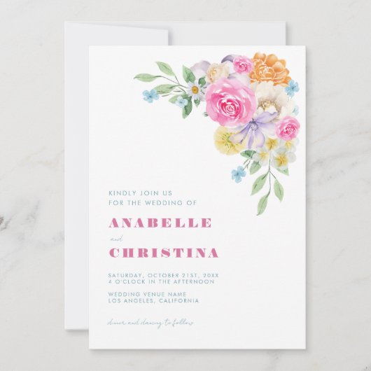 Roze Blauw Lila Waterverf Bloemen Levendige Bruilo Kaart (Voorkant)