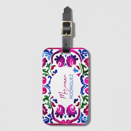 Roze blauw Mexicaans Spaans Talavera tegels Bagagelabel (Voorkant (verticaal))