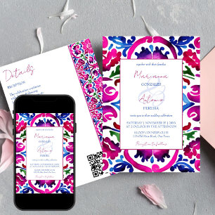 Roze blauw Mexicaans Talavera tegels bruiloft sjab Kaart