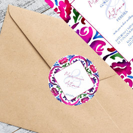 Roze blauw Mexicaans Talavera tegels bruiloft sjab Ronde Sticker