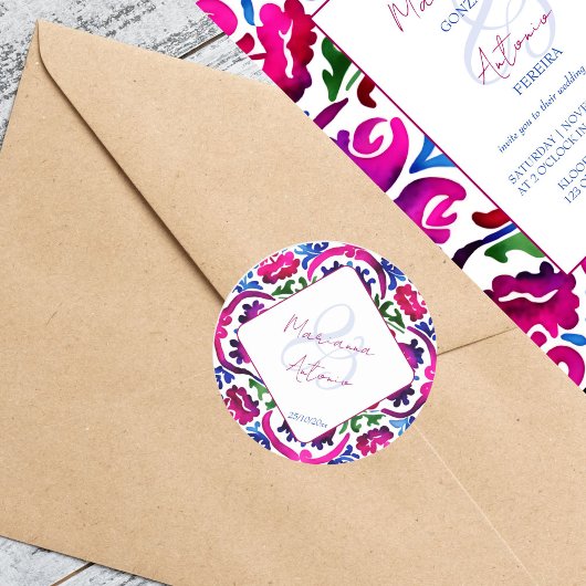 Roze blauw Mexicaans Talavera tegels bruiloft sjab Ronde Sticker