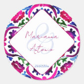 Roze blauw Mexicaans Talavera tegels bruiloft sjab Ronde Sticker (Voorkant)