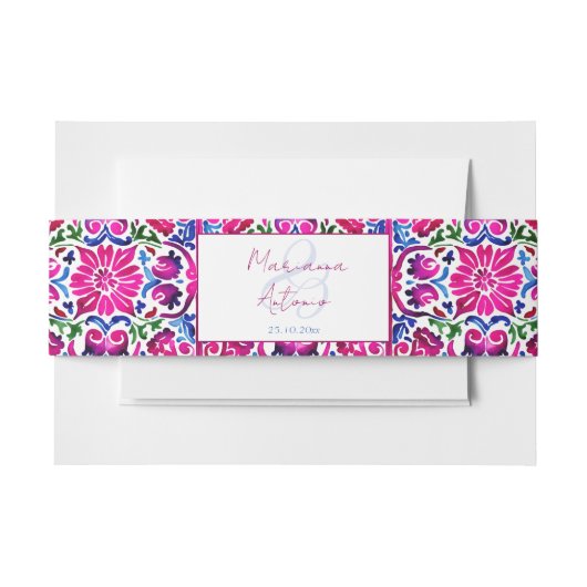 Roze blauw Mexicaans Talavera tegels bruiloft sjab Uitnodigingen Wikkel (Voorkant Voorbeeld)