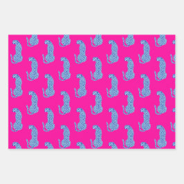 Roze & Blauw Modern Cheetah Patroon Set van 3 Inpakpapier Vel