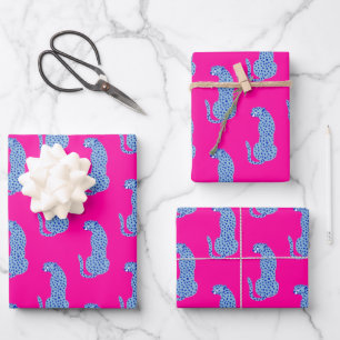 Roze & Blauw Modern Cheetah Patroon Set van 3 Inpakpapier Vel
