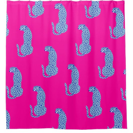 Roze & Blauw Modern Oerwoud Cheetah douchegordijn (Voorkant)