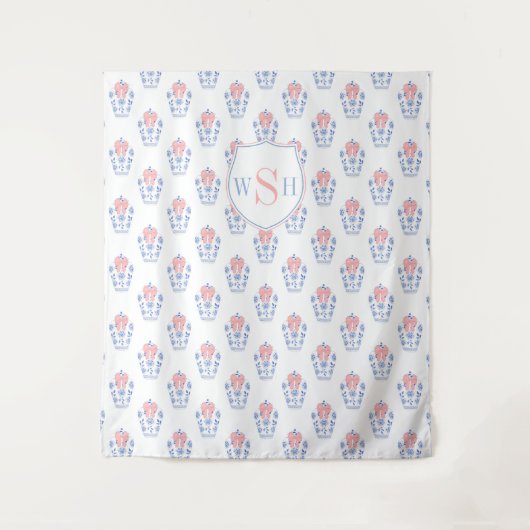 Roze Blauw Monogram Baby shower Foto Achtergrond Wandkleed (Voorkant)