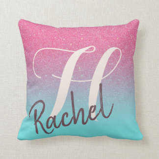 Roze Blauw Monogram Naam Dream Glitter Omkeerbaar Kussen