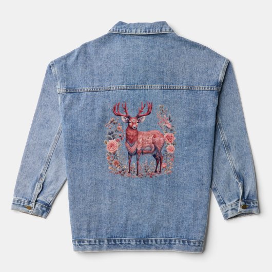 Roze Blauw Noordse Boho rendier Bloemen Denim Jacket (Achterkant)