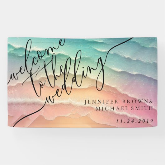 Roze Blauw Ocean Beach Zomer Party Welkom Wo Spandoek (Horizontaal)