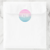 Roze Blauw Ombre Waterverf | Monogram Ronde Sticker (Tas)