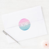 Roze Blauw Ombre Waterverf | Monogram Ronde Sticker (Envelop)