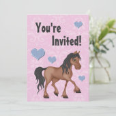 Roze & Blauw Paard & Harten Damast Verjaardag Uitn Kaart (Staand voorkant)