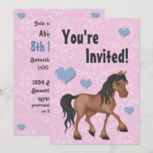 Roze & Blauw Paard & Harten Damast Verjaardag Uitn Kaart (Voorkant / Achterkant)