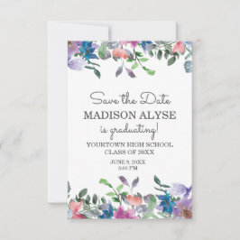 Roze Blauw Paars Floral Afstuderen Opslagdatum Kaart