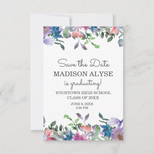 Roze Blauw Paars Floral Afstuderen Opslagdatum Kaart (Voorkant)