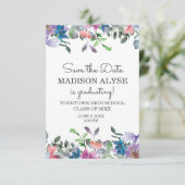 Roze Blauw Paars Floral Afstuderen Opslagdatum Kaart (Staand voorkant)