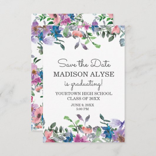 Roze Blauw Paars Floral Afstuderen Opslagdatum Kaart (Voorkant / Achterkant)