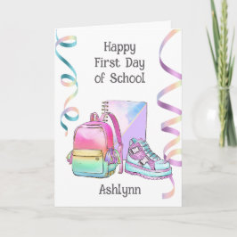 Roze Blauw Paarse Gelukkige Eerste Dag van School Kaart