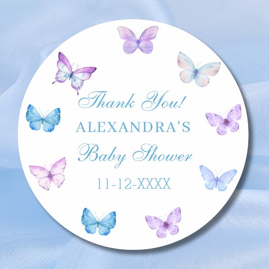 Roze Blauw Paarse Vlinder Baby shower Dank u Ronde Sticker