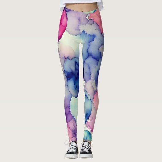 Roze Blauw Paarse Waterverf verf Fusion Leggings (Voorkant)