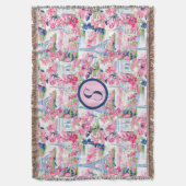 Roze & Blauw Parijs Patroon Monogram Deken (Voorkant Verticaal)