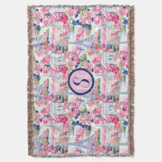 Roze & Blauw Parijs Patroon Monogram Deken (Voorkant Verticaal)