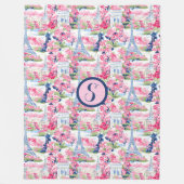 Roze & Blauw Parijs Patroon Monogram Fleece Deken (Voorkant)