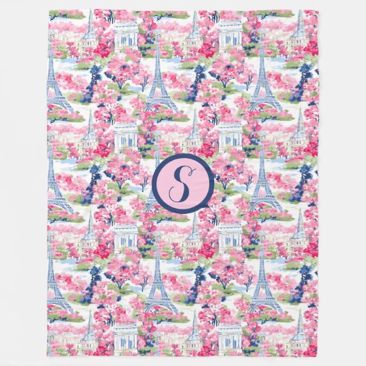 Roze & Blauw Parijs Patroon Monogram Fleece Deken (Voorkant)