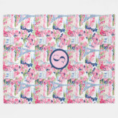Roze & Blauw Parijs Patroon Monogram Fleece Deken (Voorkant (Horizontaal))